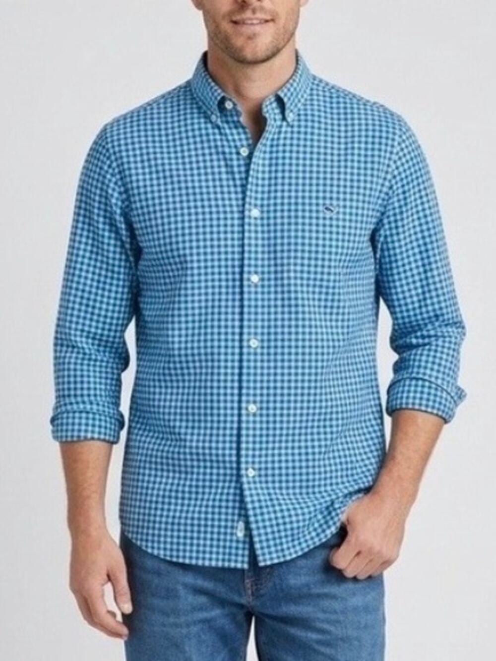 Vineyard Vines Shep Ian Slim Fit Gingham Tucker Shirt Aqua Blue Men’s XXL